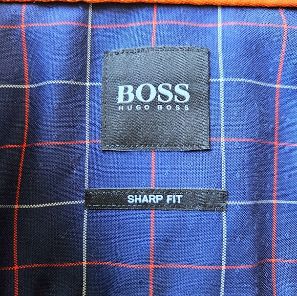 Hugo BOSS dress shirt. Men's LARGE, Sharp Fit, Navy blue with red&white check - Picture 3 of 3